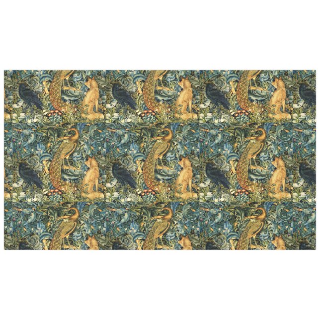 Mantel ANIMALES FORESTALES, RAVEN, FOX, PEACOCK Blue Gree (Frente (Horizontal))