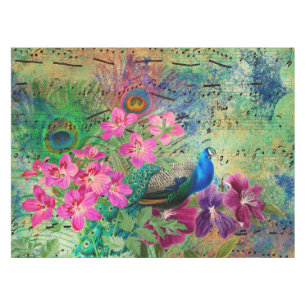 Mantel Antiguo Grunge de Pavo Real y Flores Ilustradas