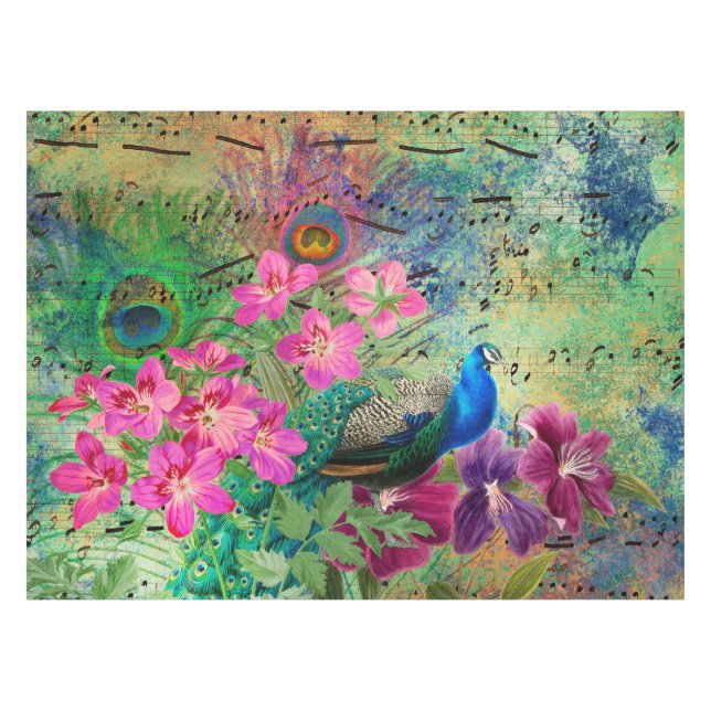 Mantel Antiguo Grunge de Pavo Real y Flores Ilustradas (Frente (Horizontal))