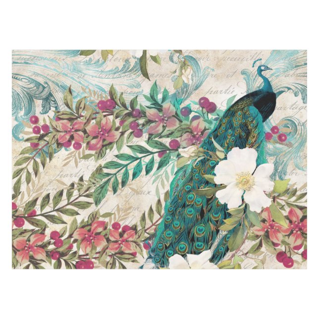 Mantel Antiguo Grunge de Pavo Real y Flores Ilustradas (Frente (Horizontal))