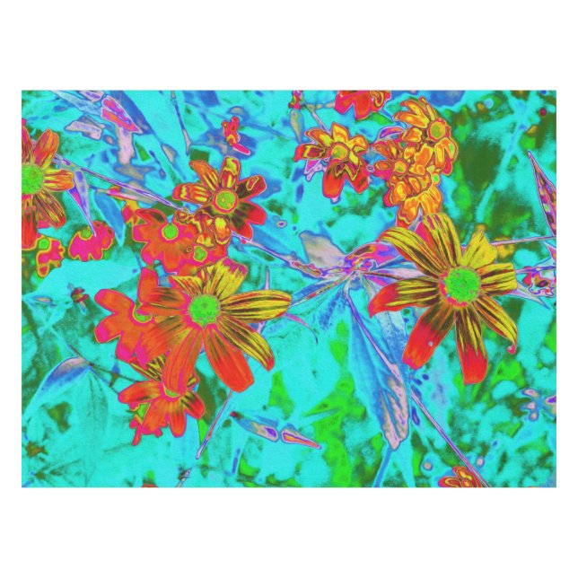 Mantel Aqua Tropical con Flores Amarillas y Naranjas (Frente (Horizontal))