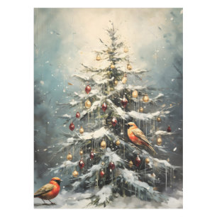 Mantel Árbol de Navidad invernal rústico con nieve y pája