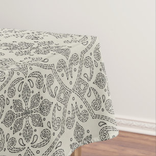 Mantel Arte de línea de damasco floral boho, negro sobre 