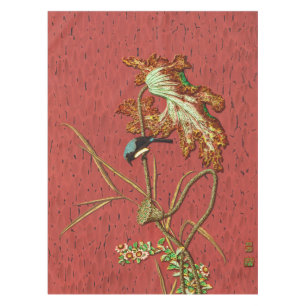 Mantel Arte de Loto de Pájaro Japonés Rojo Antiguo G.A. A