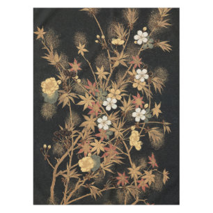 Mantel Arte Floral de Otoño Vintage Japonés Negro Dorado