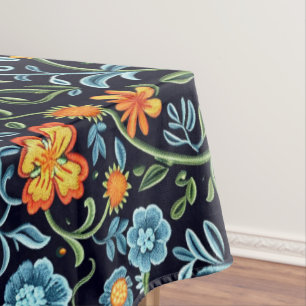 Mantel Arte floral intrincado: flores azules y naranjas 