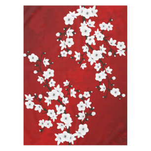 Mantel Asia Floral White Cherry Blossom Red