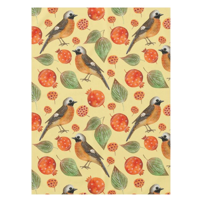 Mantel Aves acuarelas naranjas y patrón granado (Anverso)