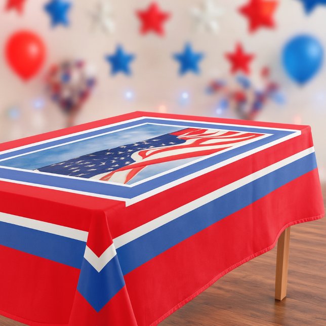 Mantel Azul blanco rojo patriótico 4 de julio (Festive Fourth of July holiday gathering tablecloth featuring an American flag mockup.)