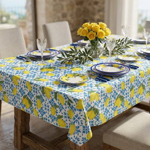 Mantel Azulejo Azul Limón Amarillo Acuarela