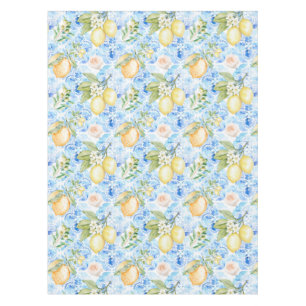 Mantel Azulejo Azul Mediterráneo Limón Amarillo Acuarela