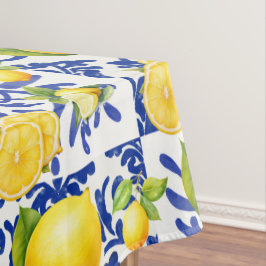 Mantel Azulejo Patrón Limón Blanco Azul Mediterráneo Cítr
