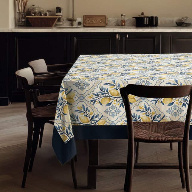 Mantel Azulejos azul marino de limones amarillos (Mediterranean yellow lemons navy blue tiles tablecloth)