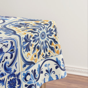 Mantel Baldosas azul mediterráneas de acuarela moderna