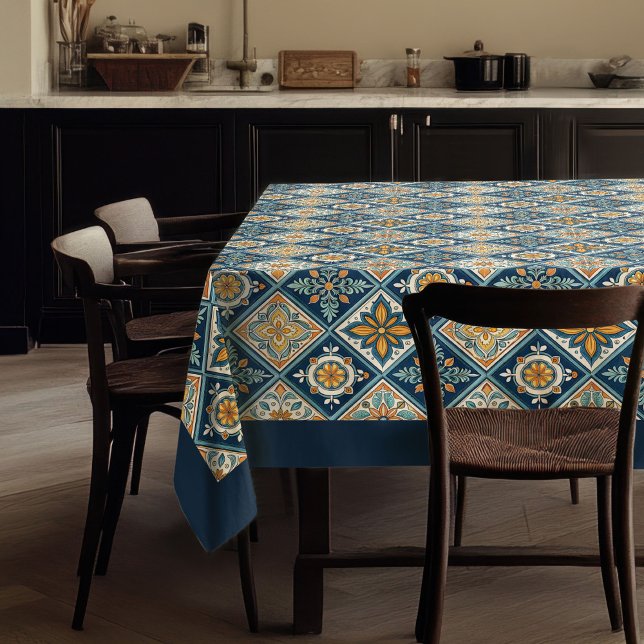 Mantel Baldosas rusas de naranja azul marino mediterráneo (Rustic Mediterranean navy blue orange tiles boho Tablecloth)