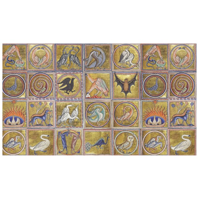MANTEL BESTIARIO MEDIEVAL, ANIMALES FANTÁSTICOS, AZUL ROJ (Frente (Horizontal))
