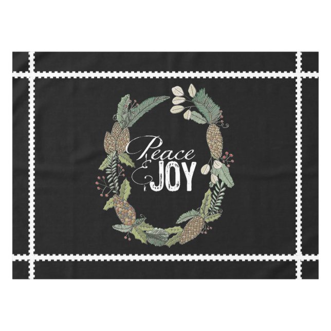 Mantel Black Peace Joy Evergreen Cones Wreath Tablecloth (Frente (Horizontal))