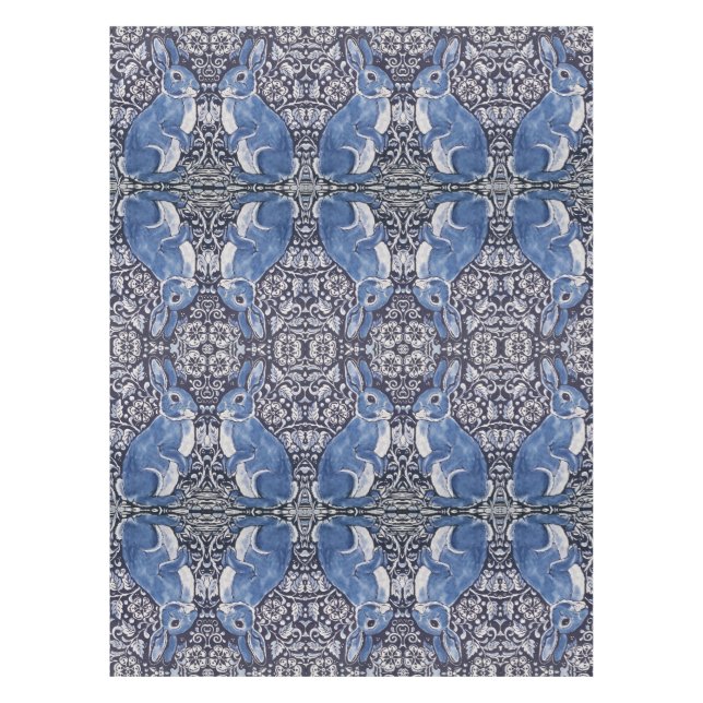 Mantel Blue White Rabbit Floral Art Nouveau Tableclol (Anverso)