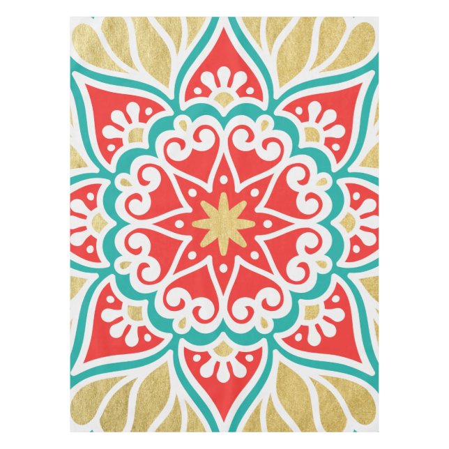 Mantel Boho Fiesta Verde azulado Tablero Geométrico Rojo  (Anverso)
