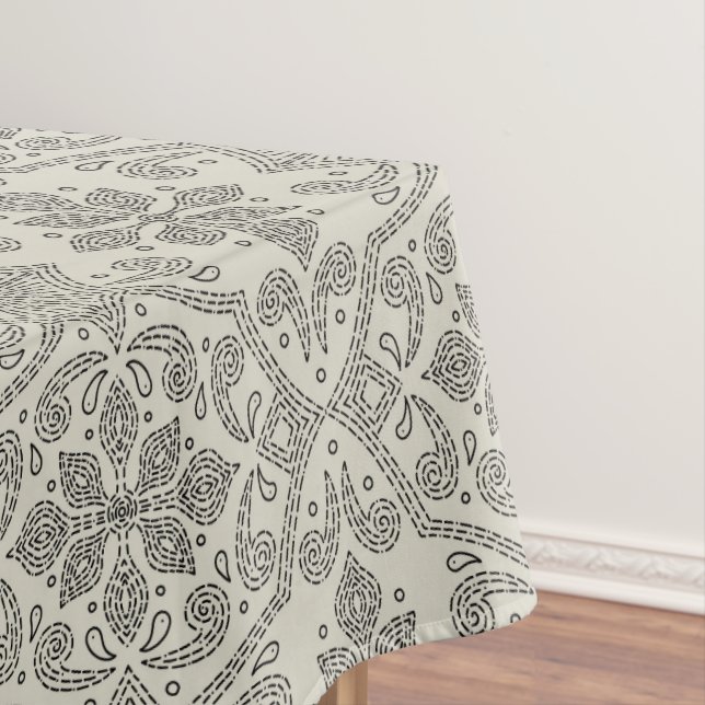 Mantel Boho Floral Damask Line Art, Black on Beige (In Situ)