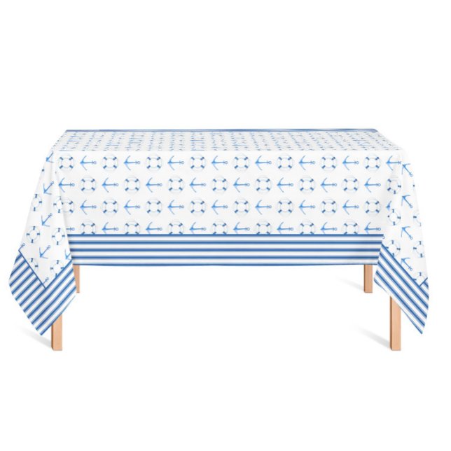 Mantel Borde de rayas de flotación de anclaje de barco ac (Nautical Sailing Tablecloth with watercolor boat anchor and lifebuoys, striped border)