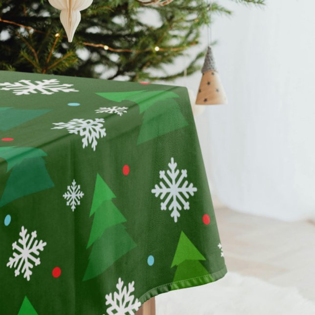 Mantel Bosque de árboles de Navidad, copos de nieve y pun (Modern Christmas trees with snowflakes and dots green tablecloth)