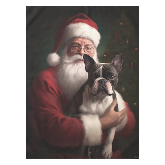 Mantel Boston Terrier con Navidades festivos de Santa Cla (Anverso)