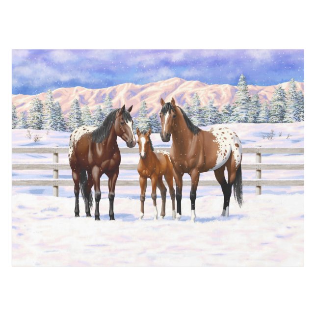 Mantel Caballos Appaloosa De La Bahía Marrón En Nieve (Frente (Horizontal))