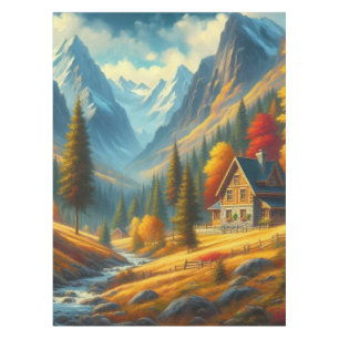 Mantel Casa de montaña rústica y río de otoño
