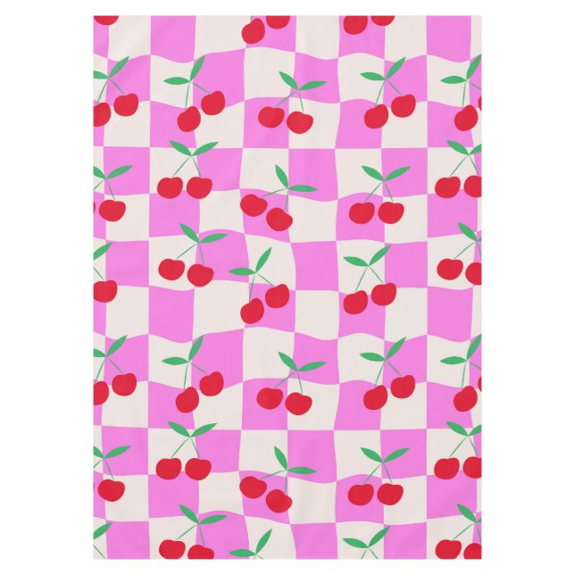 Mantel Cerezas a cuadros en tableros de ajedrez rosados (Anverso)