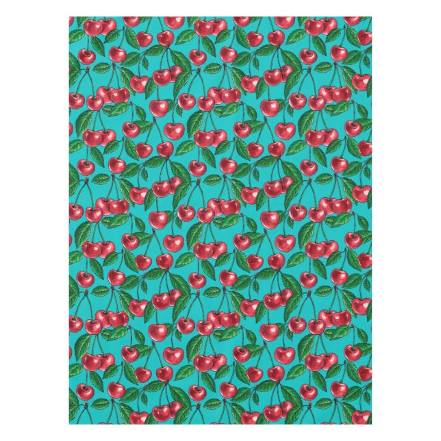 Mantel Cerezas rojas en turquesa (Anverso)