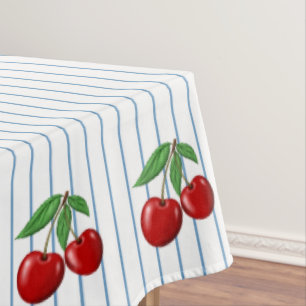 Mantel Cerezas Rojas sobre Patrón Gráfico de Rayas Azules