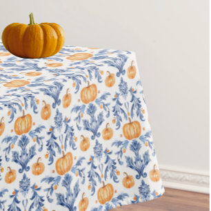 Mantel Chinoiserie Azul Blanco Calabazas Naranjas