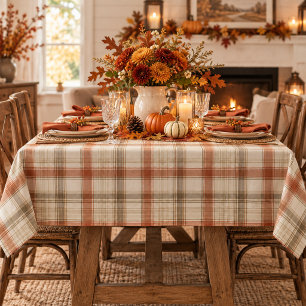 Mantel Clásico Cuadro Otoño Rústico Caqui Crema Marrón