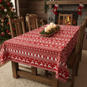 Mantel Clásicos renos de Navidad con copas de nieve rojas