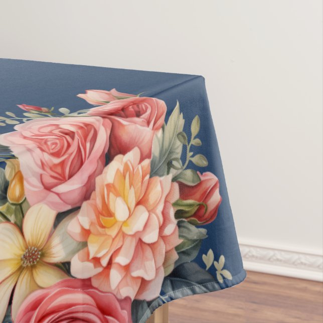 Mantel Classic Pink Roses on Blue Background Tablecloth (In Situ)