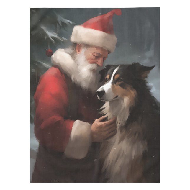Mantel Collie fronterizo con Navidades festivos de Santa  (Anverso)
