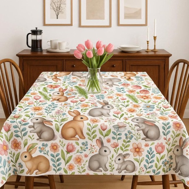 Mantel con estampado floral rosa de conejo de vida (Spring season wild rabbit tablecloth with pink floral pattern mockup )