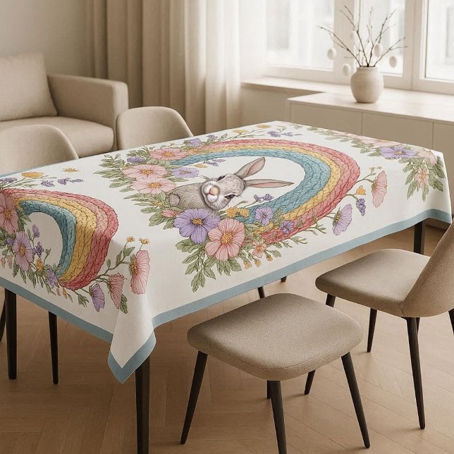 Mantel Conejo de Pascua Arte de Arcoíris Flores Silvestre (Easter Bunny Rainbow Art Spring Wildflowers Meadow Tablecloth)