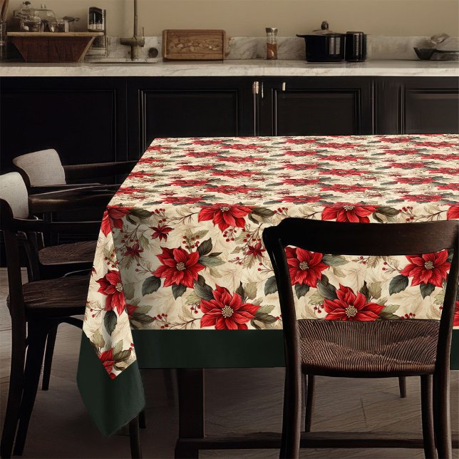 Mantel core navideño con flores rojas (Cottagecore Christmas Tablecloth Red Blooms)