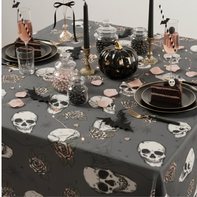 Mantel Cránulos góticos oscuros y Rosas Halloween (Gray Goth Floral Skulls Halloween, Dia de los Muertos Tablecloth. Gothic Skull, Rose Flower Pattern)
