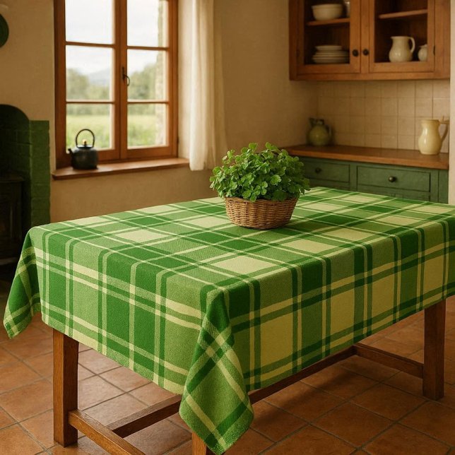 Mantel Cuadros verdes y blancos irlandeses  (An Irish-inspired kitchen featuring a green plaid tablecloth and a basket of shamrocks)