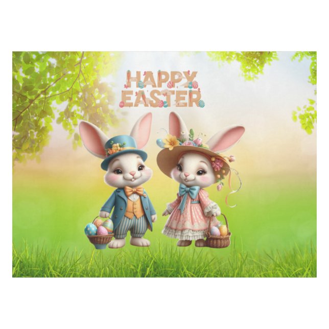 Mantel Cuta, caprichosa Pascua feliz con 2 conejos (Frente (Horizontal))