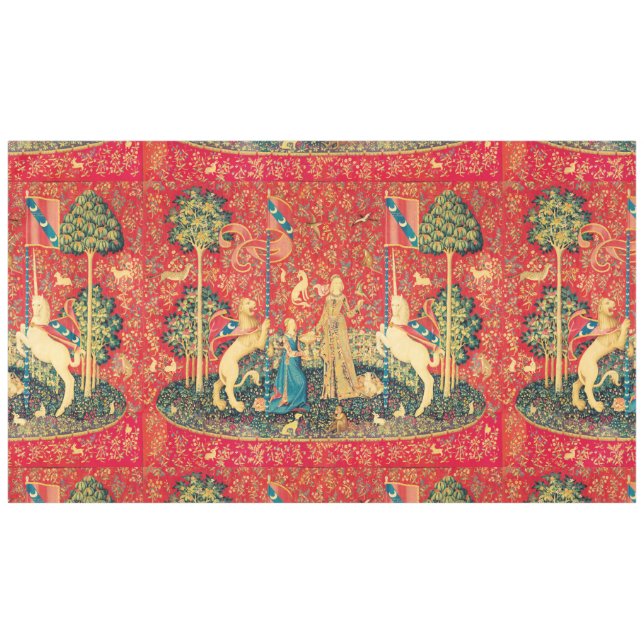 MANTEL DAMA Y UNICORN, FLORES DE FANTASÍA, ANIMALES, FLOR (Frente (Horizontal))