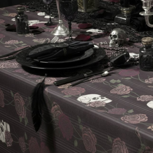 Mantel Dark Burgundy Gothic Skull & Rose Stripes (Gothic Darj Burgundy Moody Floral Tablecloth. Skull and Roses Pattern for Gothic Wedding & Halloween)