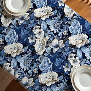 Mantel de Lujo Floral Azul Marfil Blanco Elegante