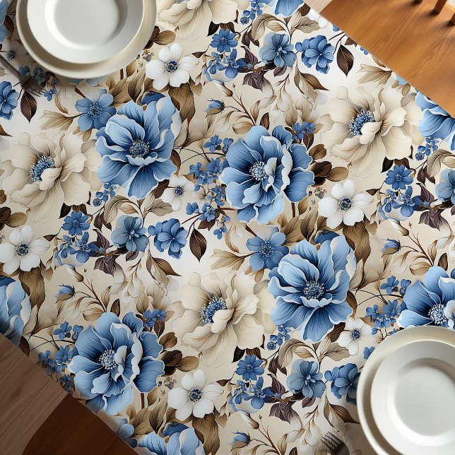 Mantel de Lujo Floral Marfil Azul Sofisticado (Sophisticated Blue Ivory Floral Luxury Tablecloth)