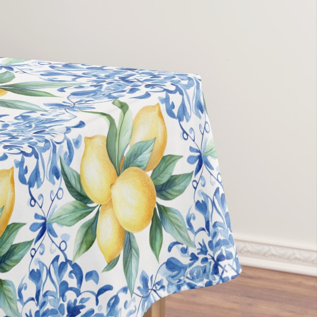 Mantel de mesa de baldosas azules con limón acuare (In Situ)