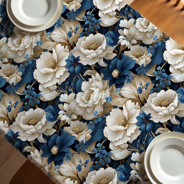 Mantel de mesa de comedor floral marfil blanco azu (Opulent Blue White Ivory Floral Dining Tablecloth)