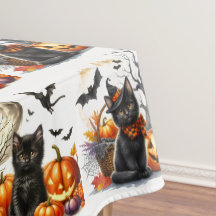 Mantel de mesa de gato y calabaza de Halloween vin